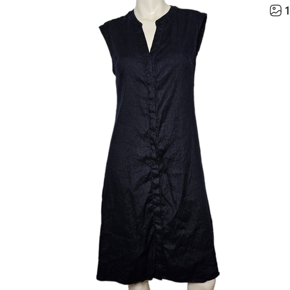 🪅TAHARI Black Linen Blend Button Front Sleeveless Shift Dress Size 14